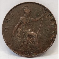 GREAT BRITAIN UK 1907 . ONE 1 PENNY . VARIETY . DOTS IN DATE
